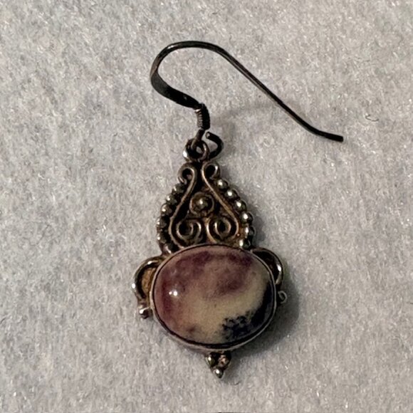 Vintage Intricate Sterling Silver Scroll French Hook Oval Jasper Dangle Earrings - Picture 3 of 7